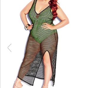 City Chic black mesh fishnet swim cover up dress, V neck, leg slit, size S/16